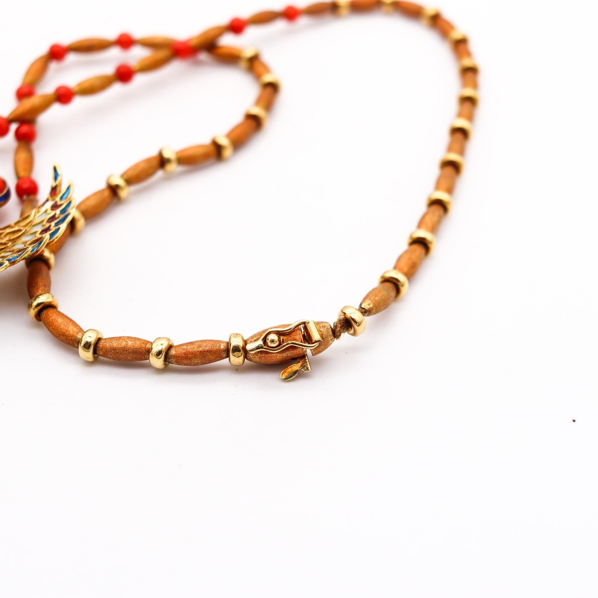 Women's Egyptian Revival Plique à Jour Enameled Horus Necklace In 18Kt Gold With Coral
