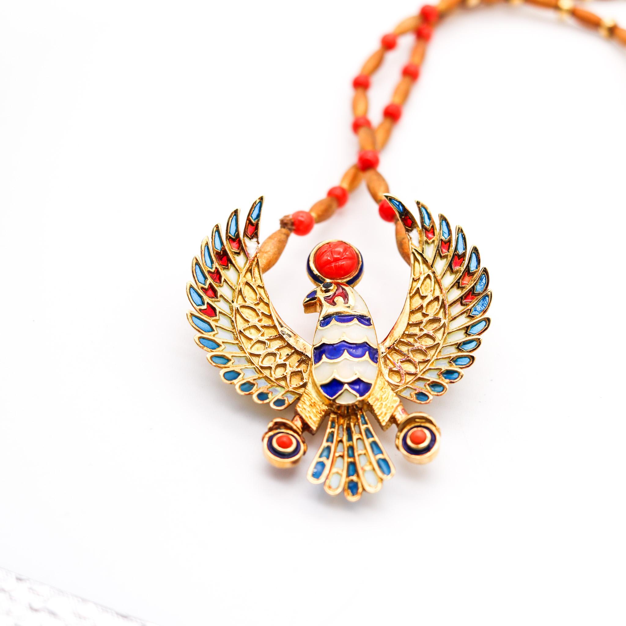 Egyptian Revival Plique à Jour Enameled Horus Necklace In 18Kt Gold With Coral 1