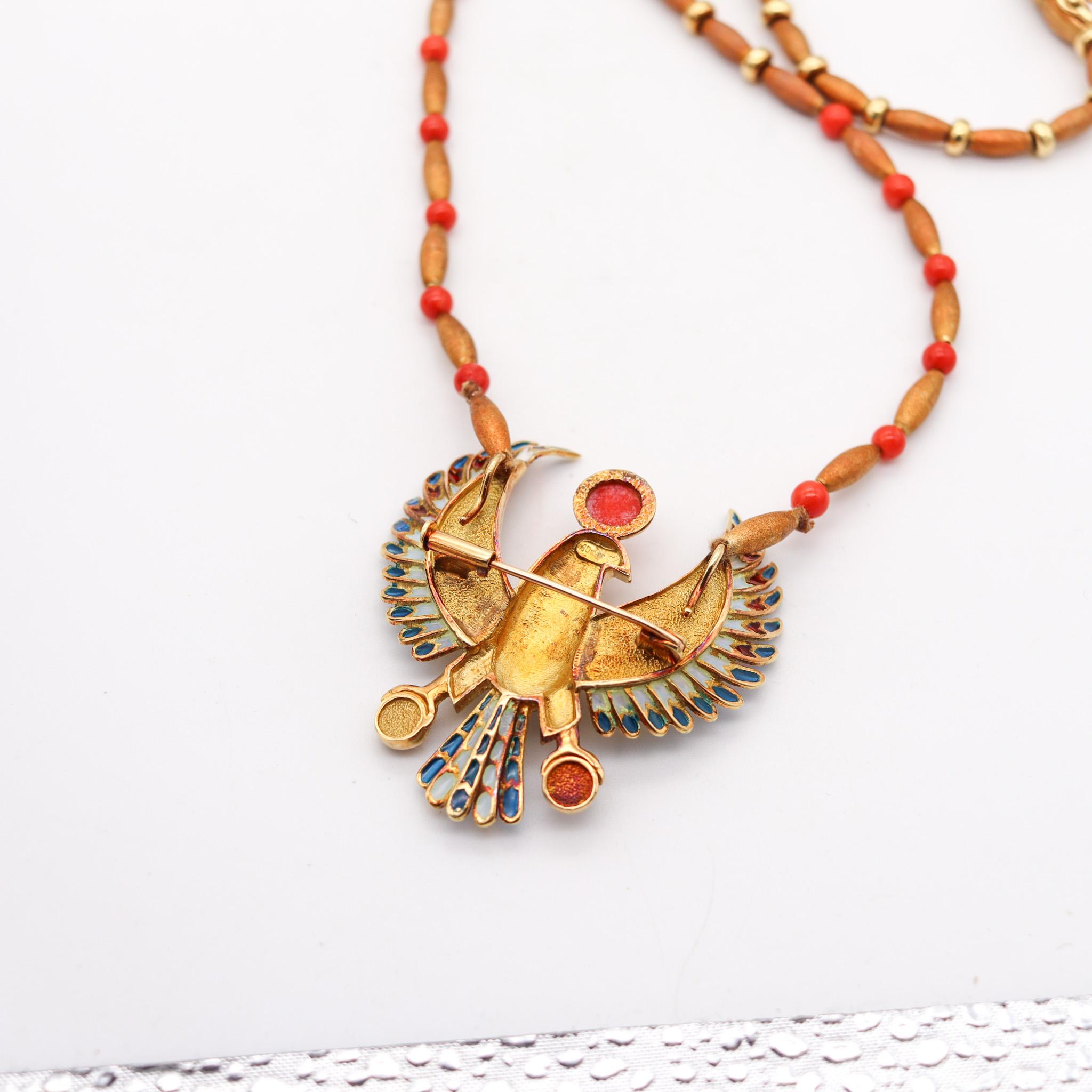 Egyptian Revival Plique à Jour Enameled Horus Necklace In 18Kt Gold With Coral 2