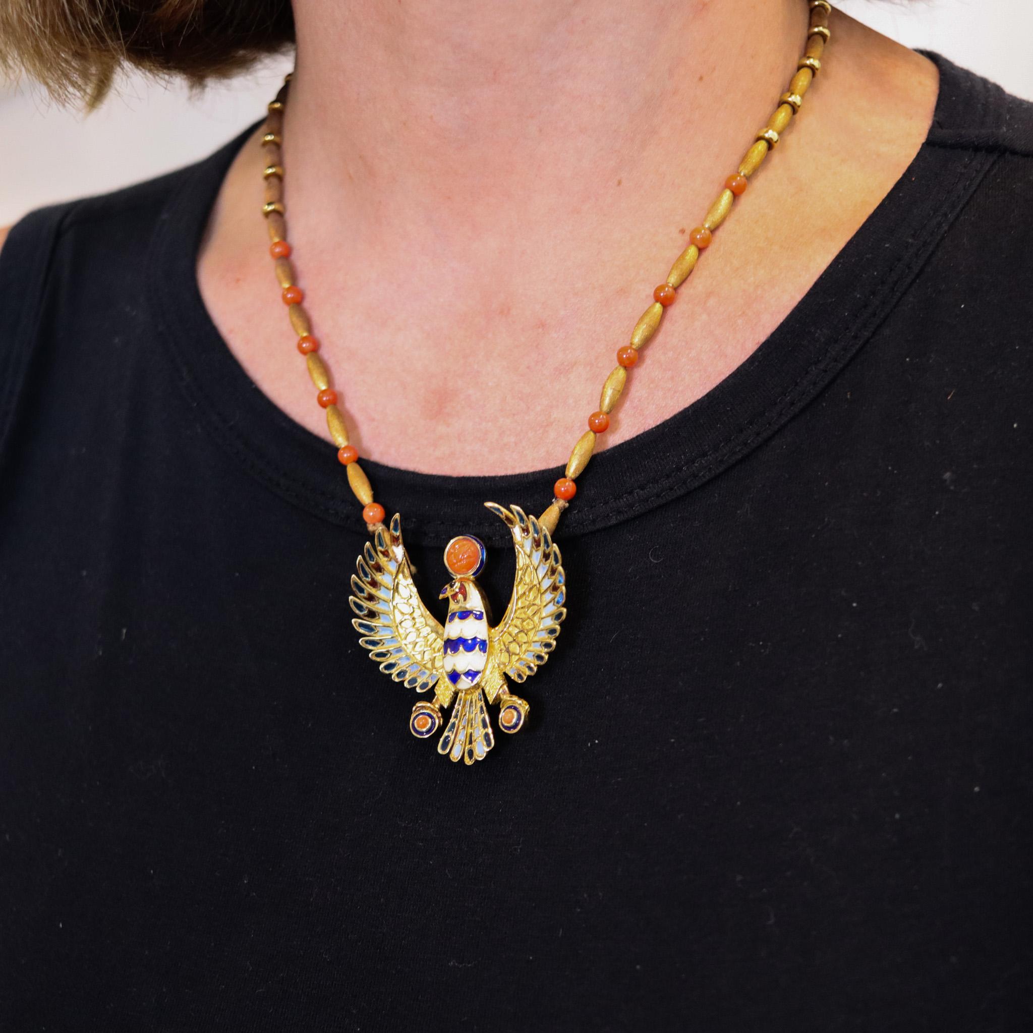 Egyptian Revival Plique à Jour Enameled Horus Necklace In 18Kt Gold With Coral 3