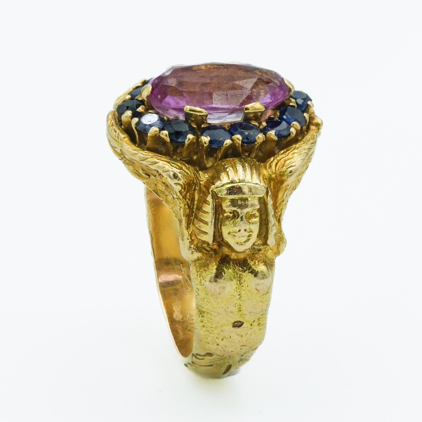 Oval Cut Egyptian Revival Portuguese 19 Karat Gold Pink Topaz & Sapphire Figural Ring For Sale