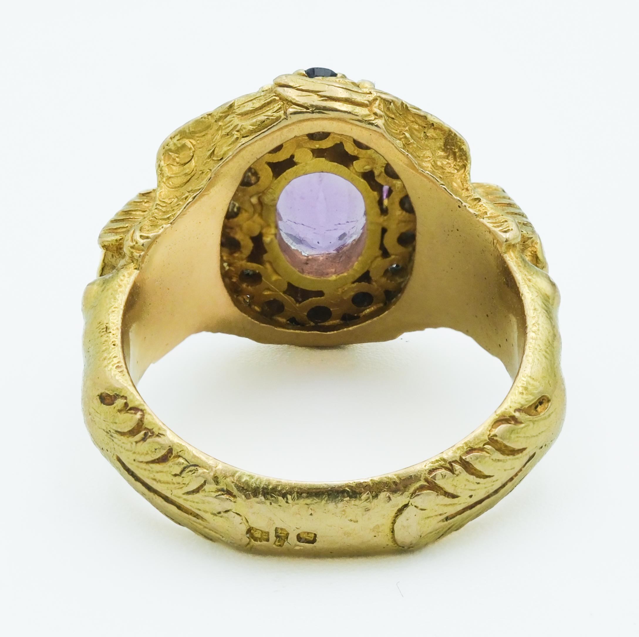 Egyptian Revival Portuguese 19 Karat Gold Pink Topaz & Sapphire Figural Ring In Good Condition For Sale In Fairfield, CT