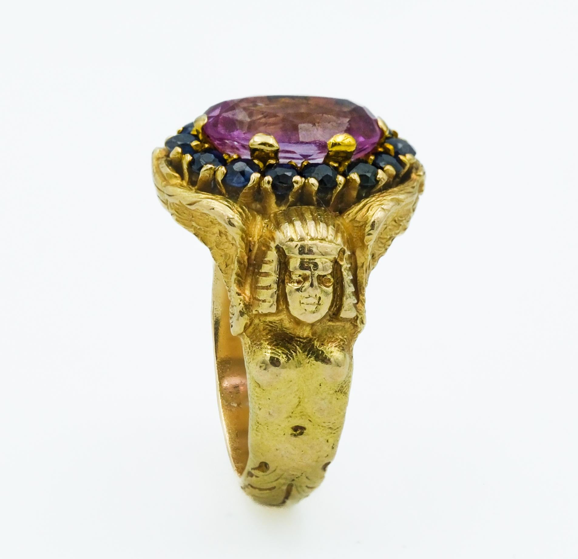 Women's Egyptian Revival Portuguese 19 Karat Gold Pink Topaz & Sapphire Figural Ring For Sale