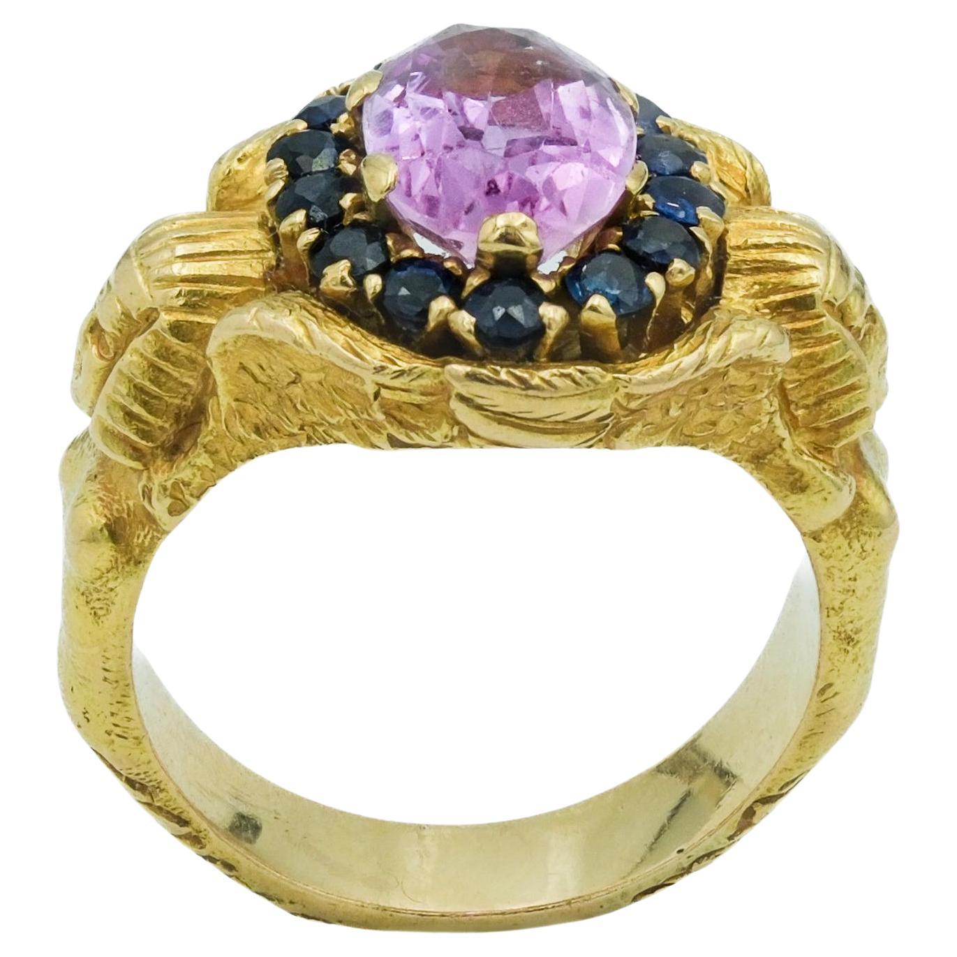 Egyptian Revival Portuguese 19 Karat Gold Pink Topaz & Sapphire Figural Ring For Sale