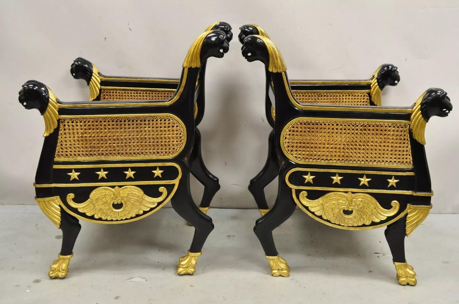 Revive égyptien Régence noir ébonisé doré Chaises à trône à tête de lion - Paire en vente 7