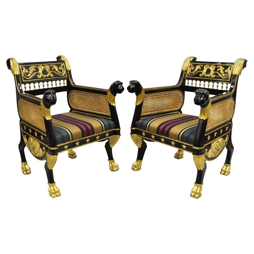 Egyptian Revival Regency Black Ebonized Gold Gilt Lion Head Throne Chairs - Pair