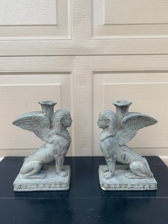 Egyptian Revival Regency Gray Sphinx Candlestick Holders, Pair