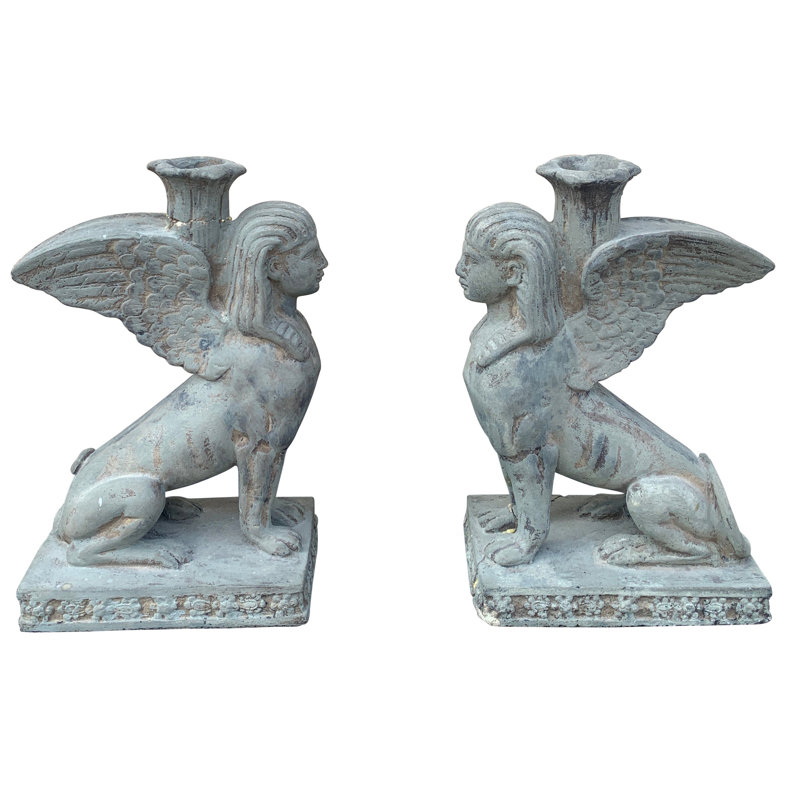Ägyptische Revival Regency Grau Sphinx Kerzenständer, Paar