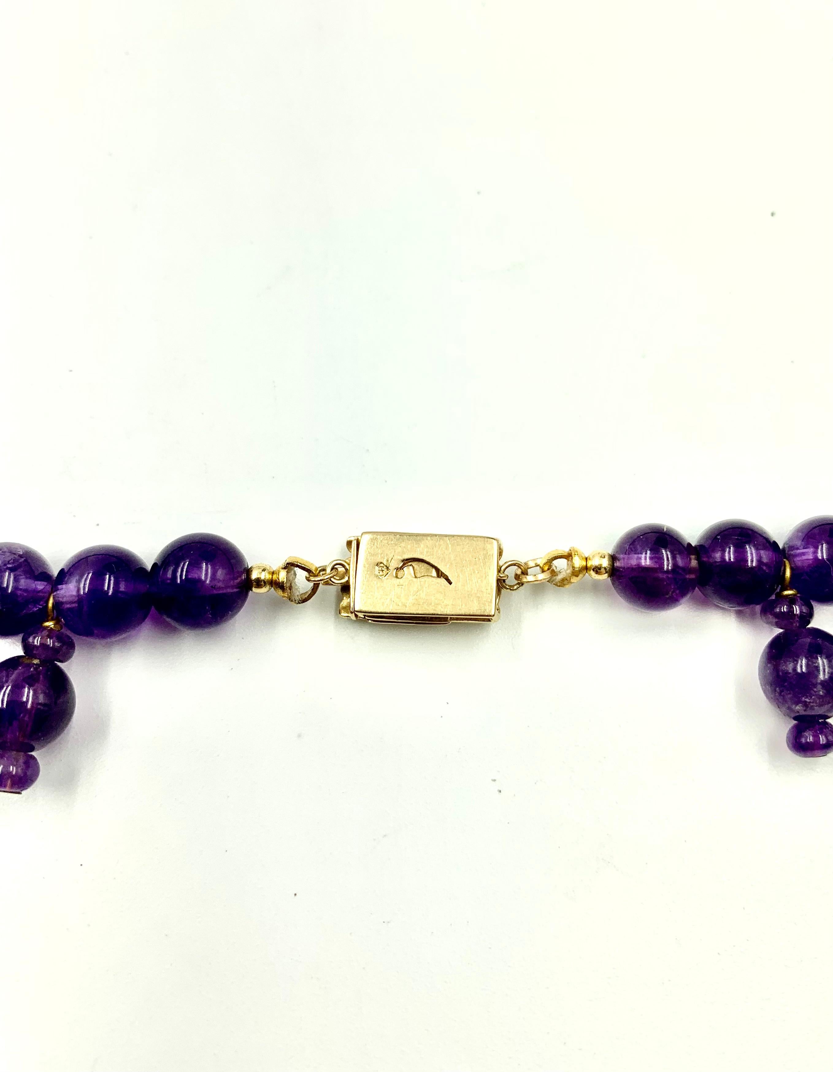 Women's or Men's Egyptian Revival Royal Purple Amethyst Bead Necklace, 14k Gold Bamboo Clasp For Sale