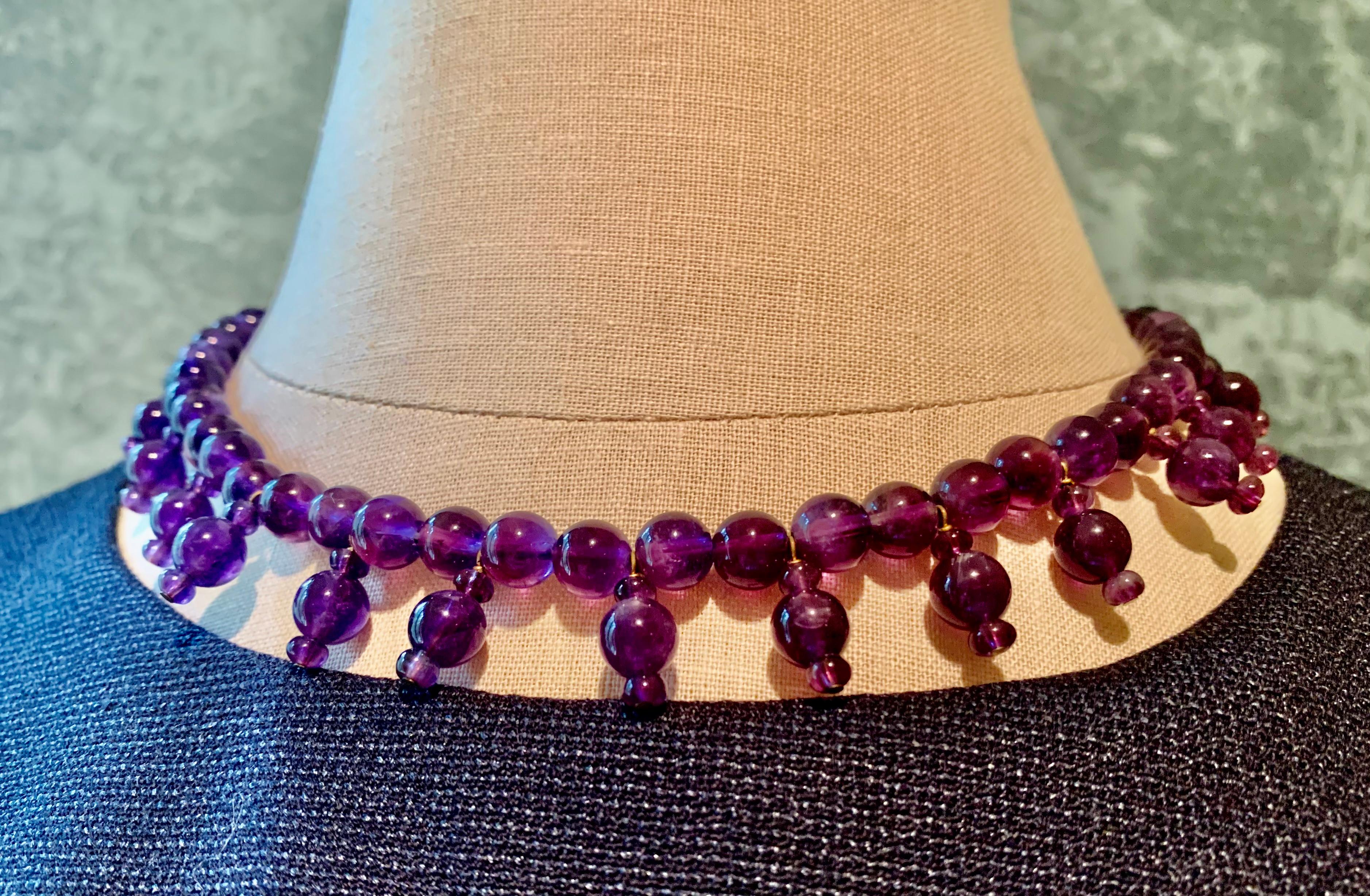 Egyptian Revival Royal Purple Amethyst Poppy Bead 14k Gold Necklace For Sale 2