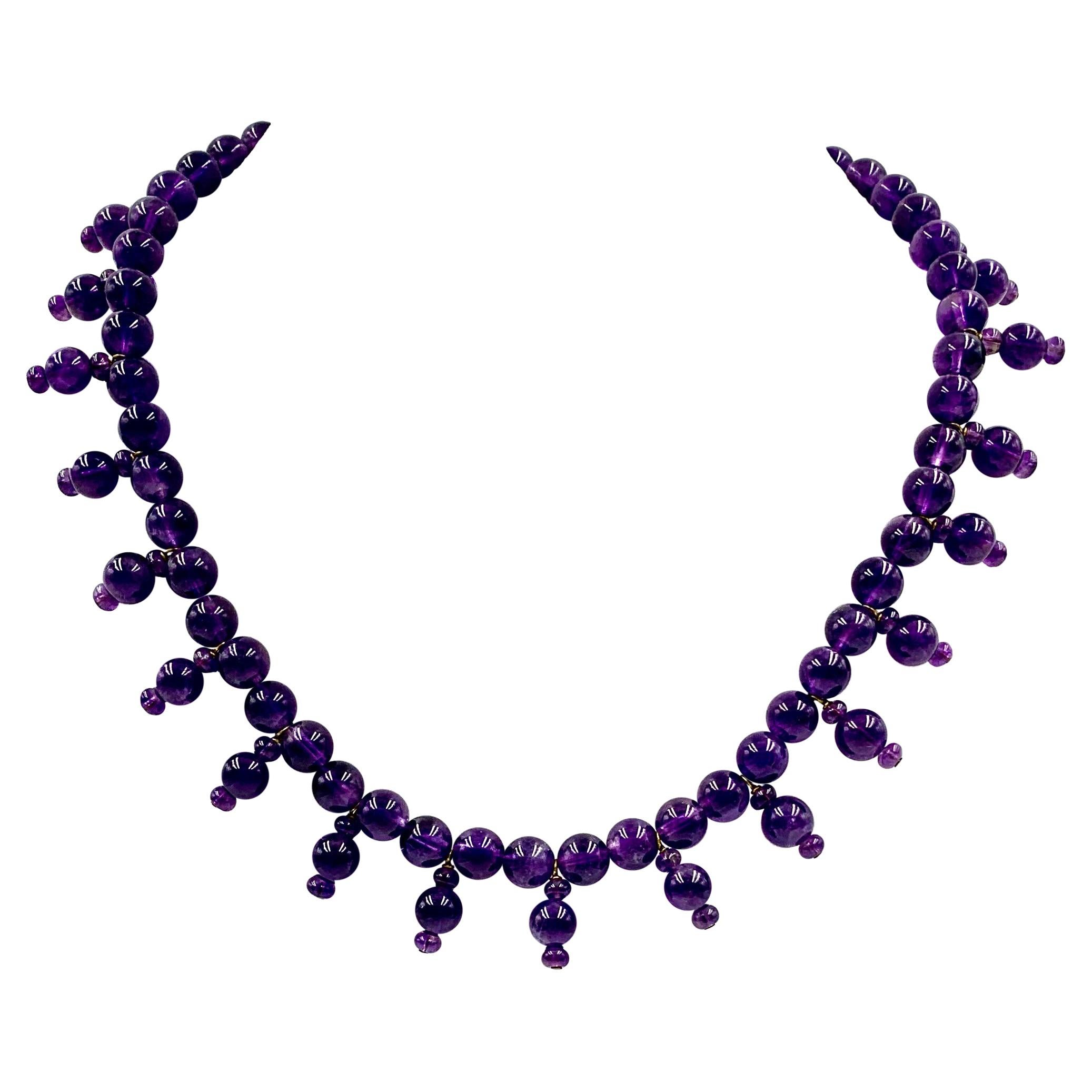 Königliche lila Amethyst-Perlenkette im ägyptischen Revival-Stil, 14k Gold Bambusverschluss im Angebot