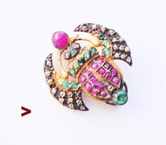 Egyptian Revival Scarab Brooch 1ctw Ruby 1ctw Emeralds 0.56 ctw Diamonds /7.6gr