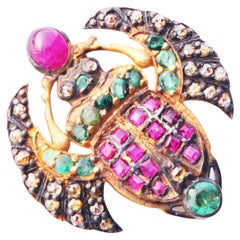 Egyptian Revival Scarab Brooch 1ctw Ruby 1ctw Emeralds 0.56 ctw Diamonds /7.6gr