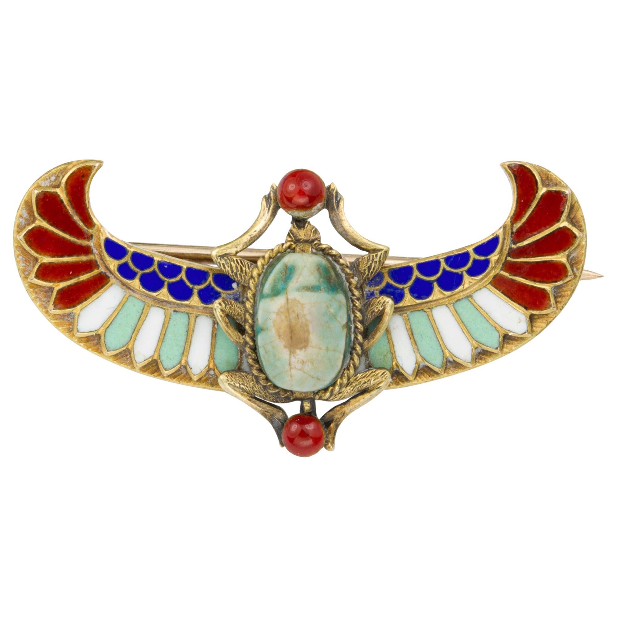 Jewelry Brooch Enamel Egyptian Turquoise Winged Scarab Beetle Pearl Gold 8 