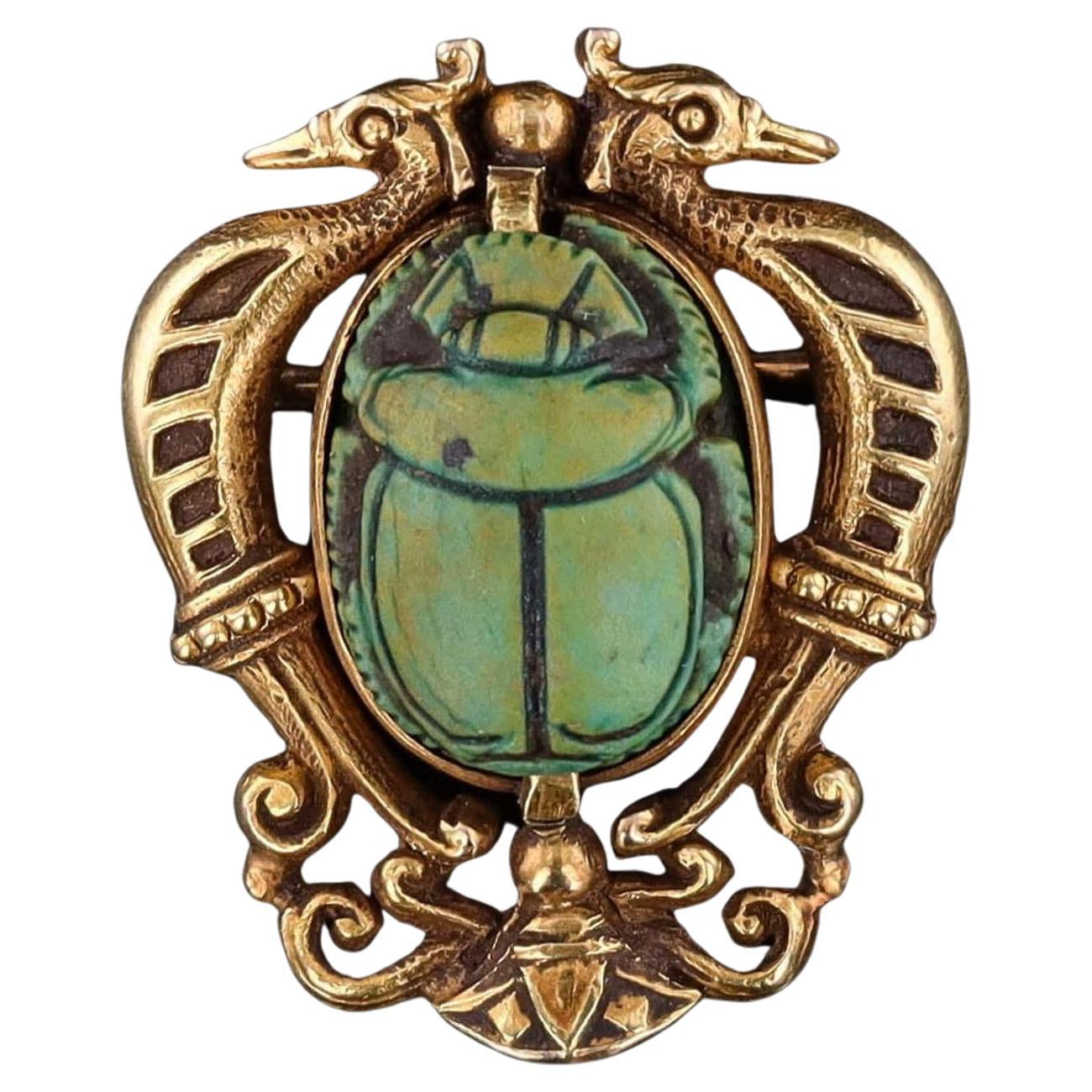 Egyptian Revival Scarab Brooch of 14k Gold, Circa 1900