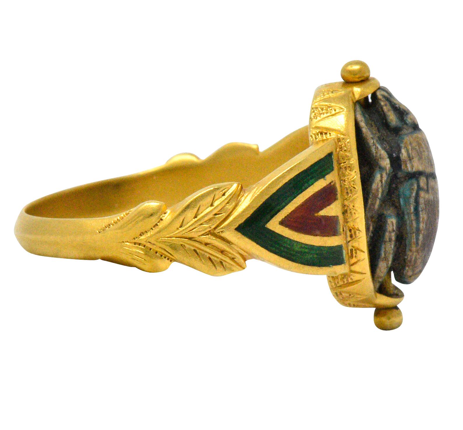 Egyptian Revival Scarab Enamel 14 Karat Gold Ring In Excellent Condition In Philadelphia, PA