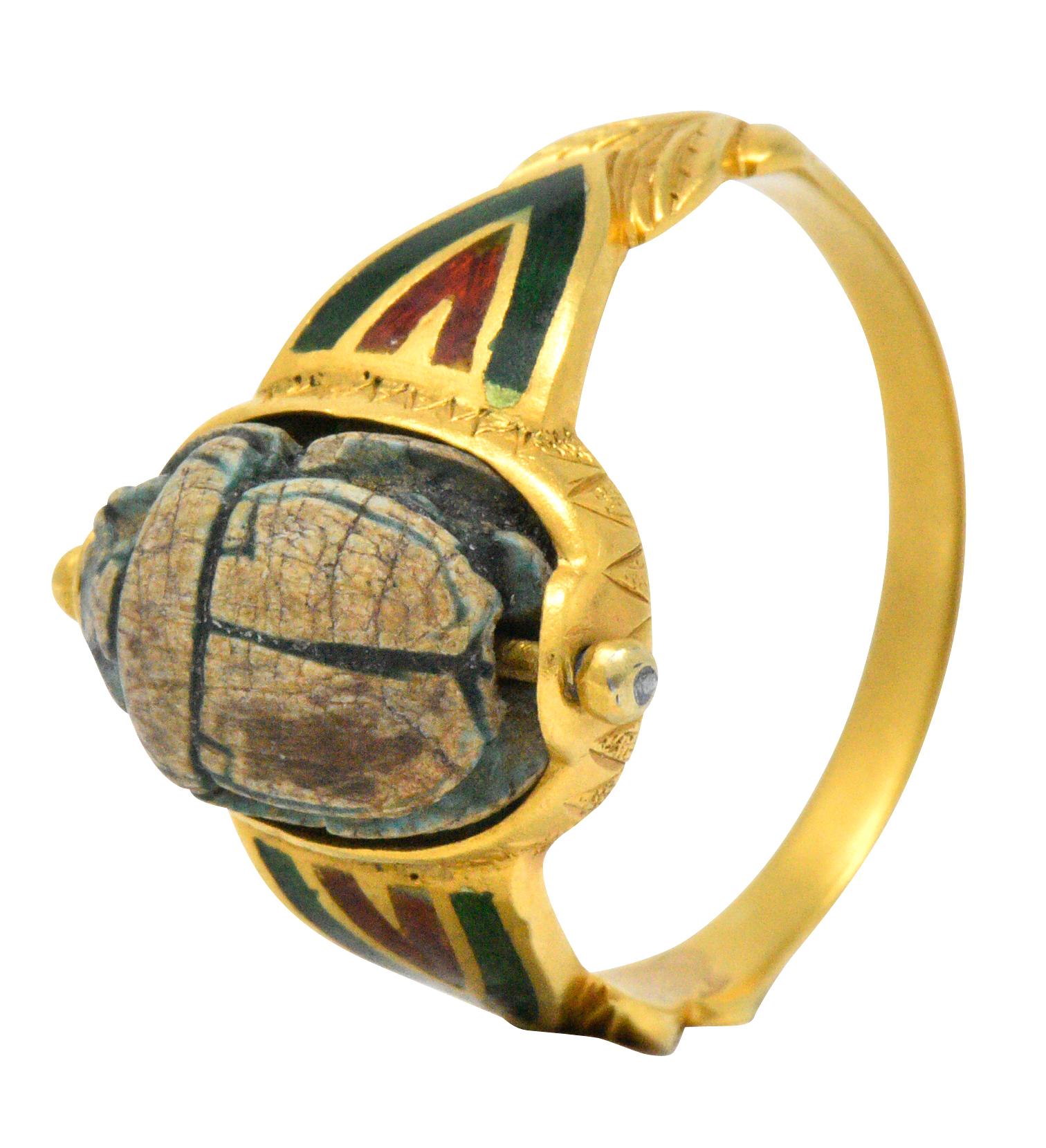 Egyptian Revival Scarab Enamel 14 Karat Gold Ring 4
