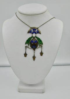 Egyptian Revival Scarab Lotus Necklace Art Deco Sterling Silver Enamel Antique