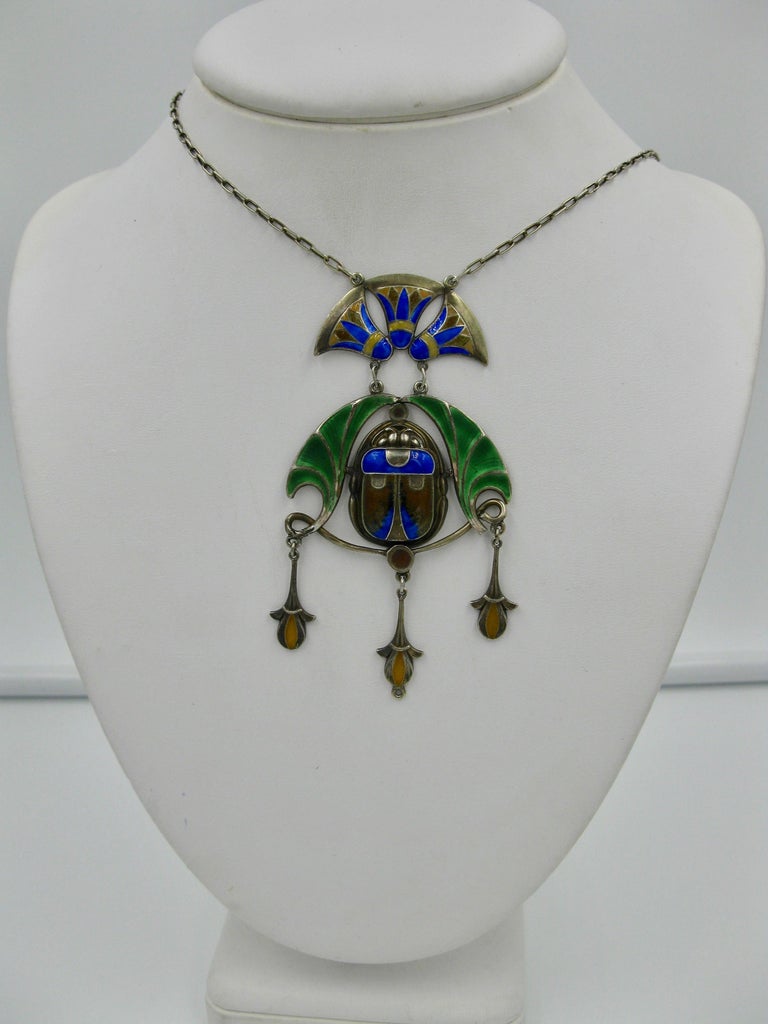 Egyptian Revival Scarab Lotus Necklace Art Deco Sterling Silver Enamel