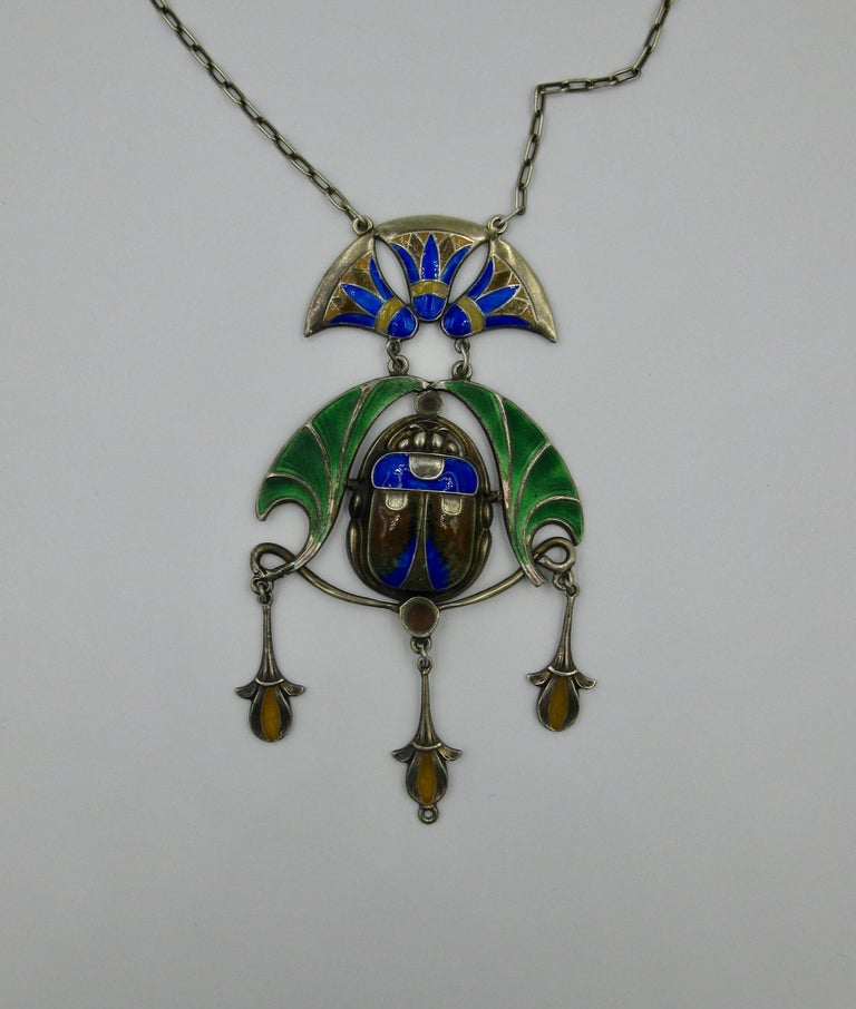 Egyptian Revival Scarab Lotus Necklace Art Deco Sterling Silver Enamel