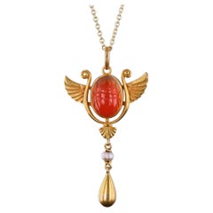 Egyptian Revival Scarab Necklace of 14k Gold