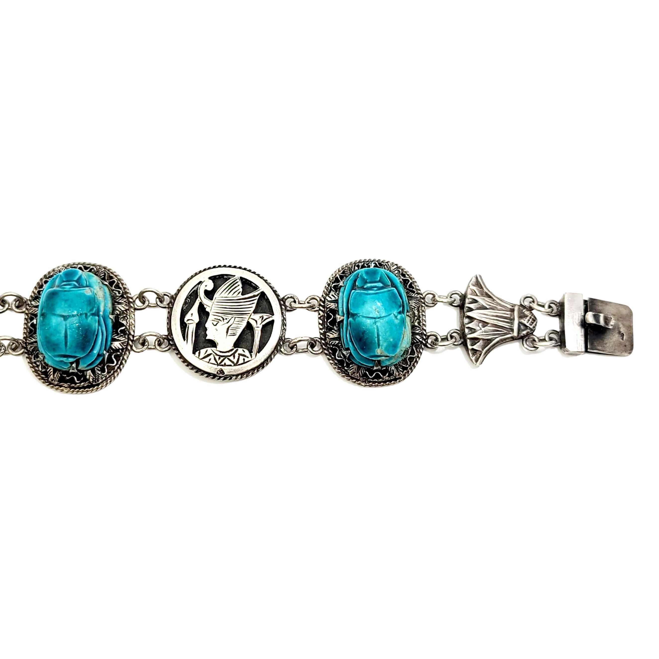 Egyptian Revival Silver and Faience Scarab Bracelet In Good Condition In Washington Depot, CT
