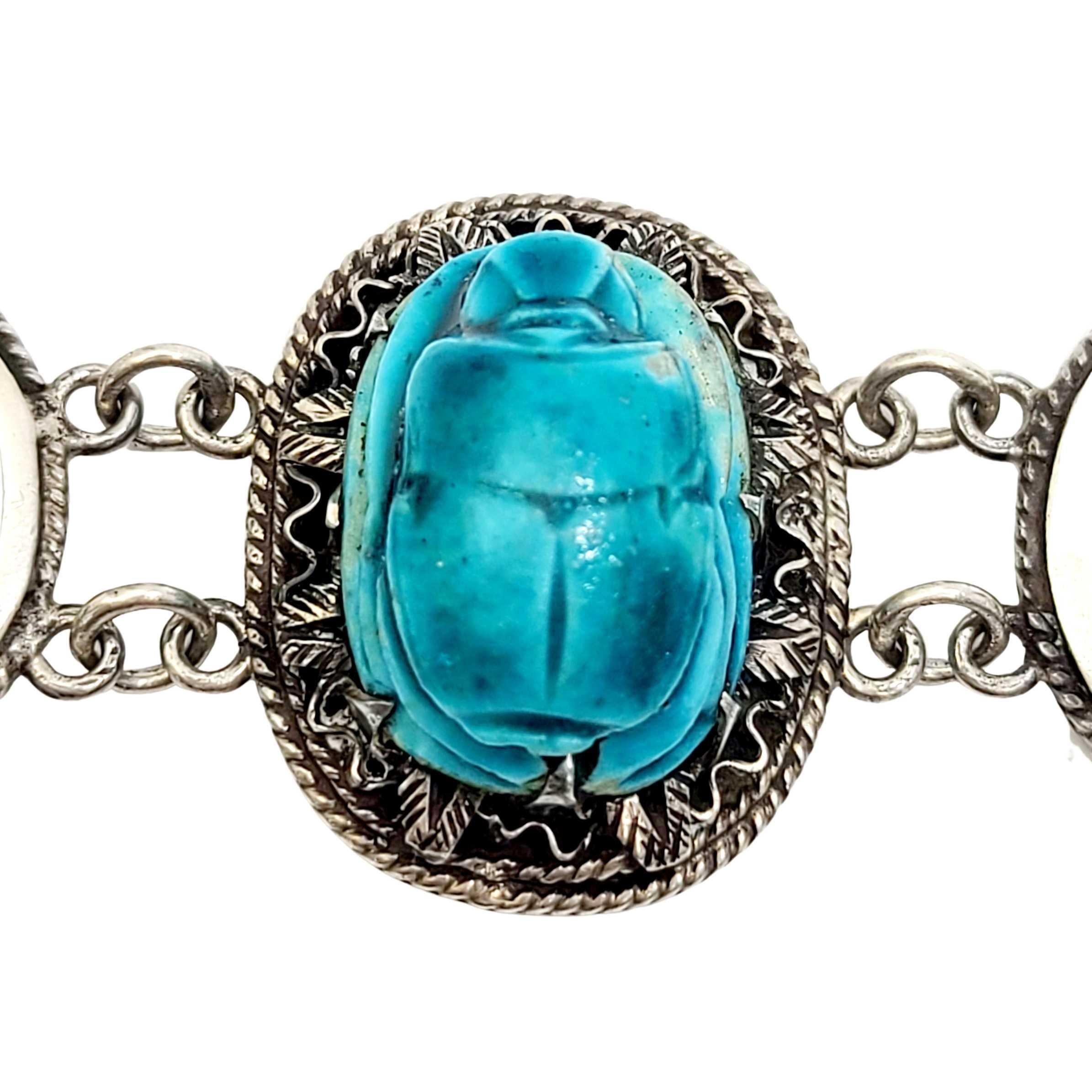 Women's Egyptian Revival Silver and Faience Scarab Bracelet