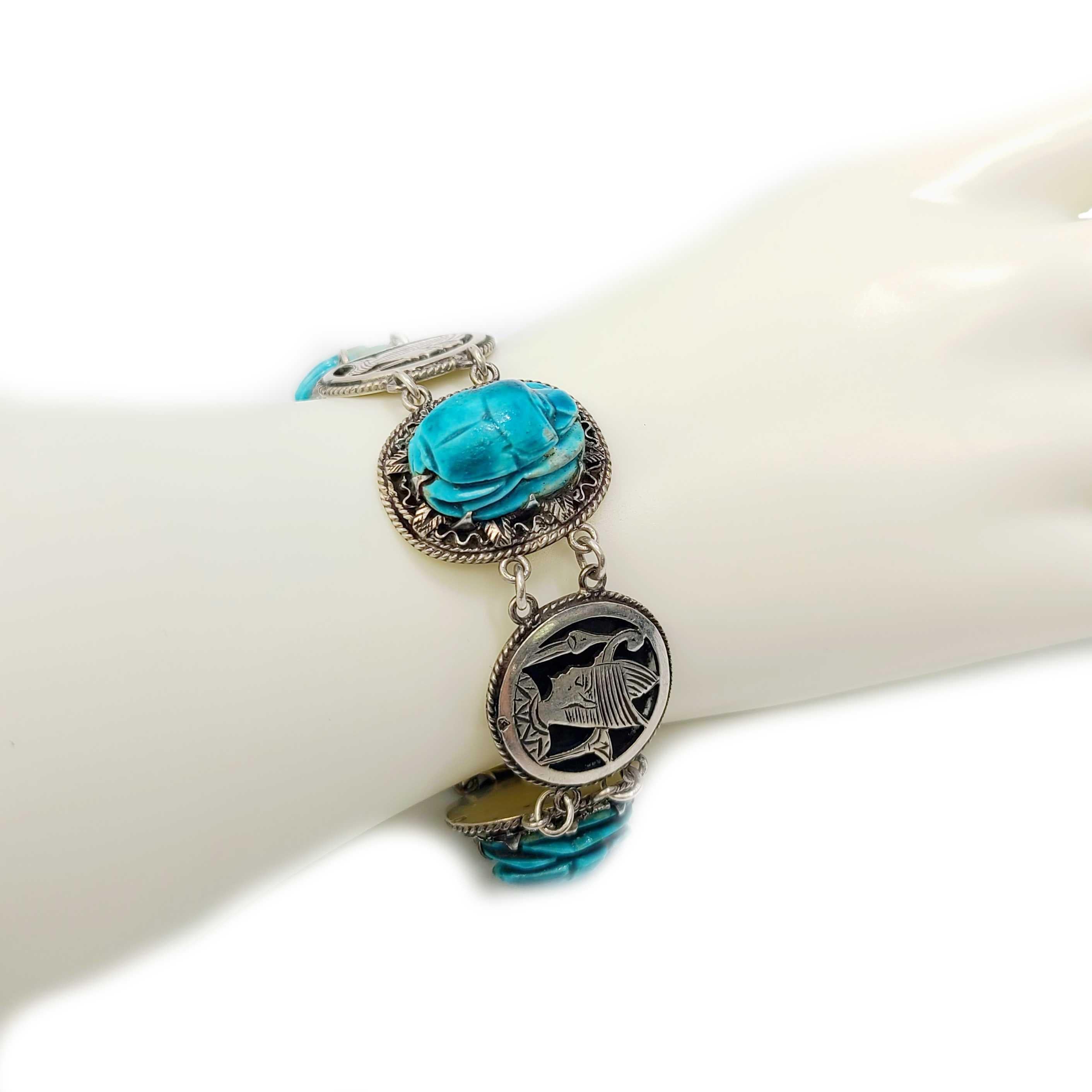 Egyptian Revival Silver and Faience Scarab Bracelet 2