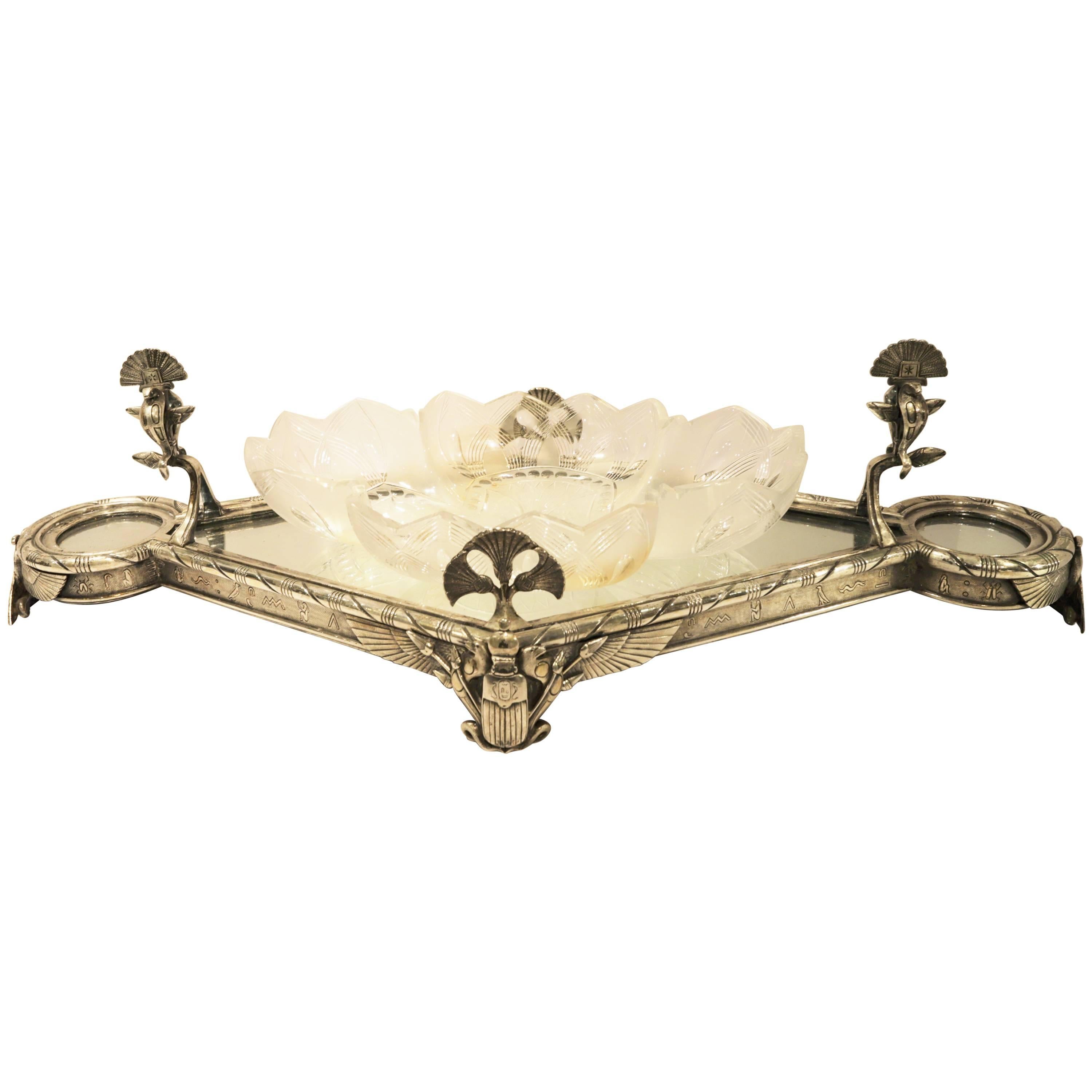 Egyptian Revival Silver Plate and Crystal Mirrored Plateau Elkington 
Company