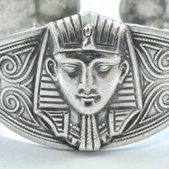 Egyptian Revival Silver Bangle with Pharaoh Head and Elephants