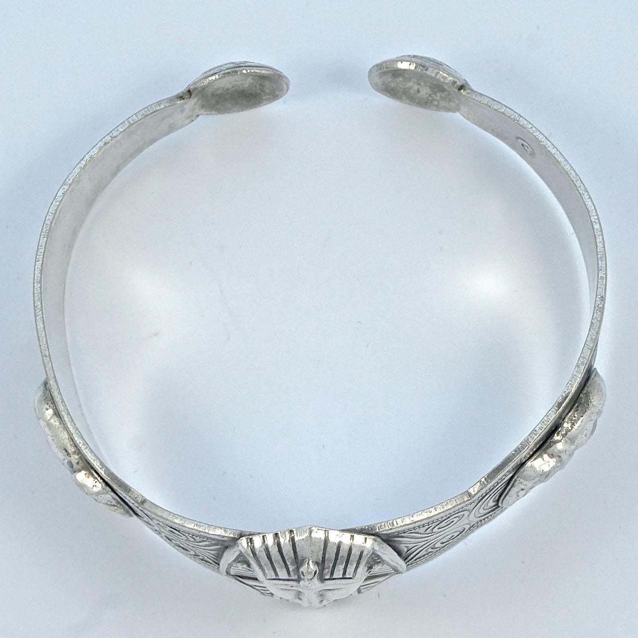 Egyptian Revival Silver Bangle with Pharaoh Head and Elephants  For Sale 1
