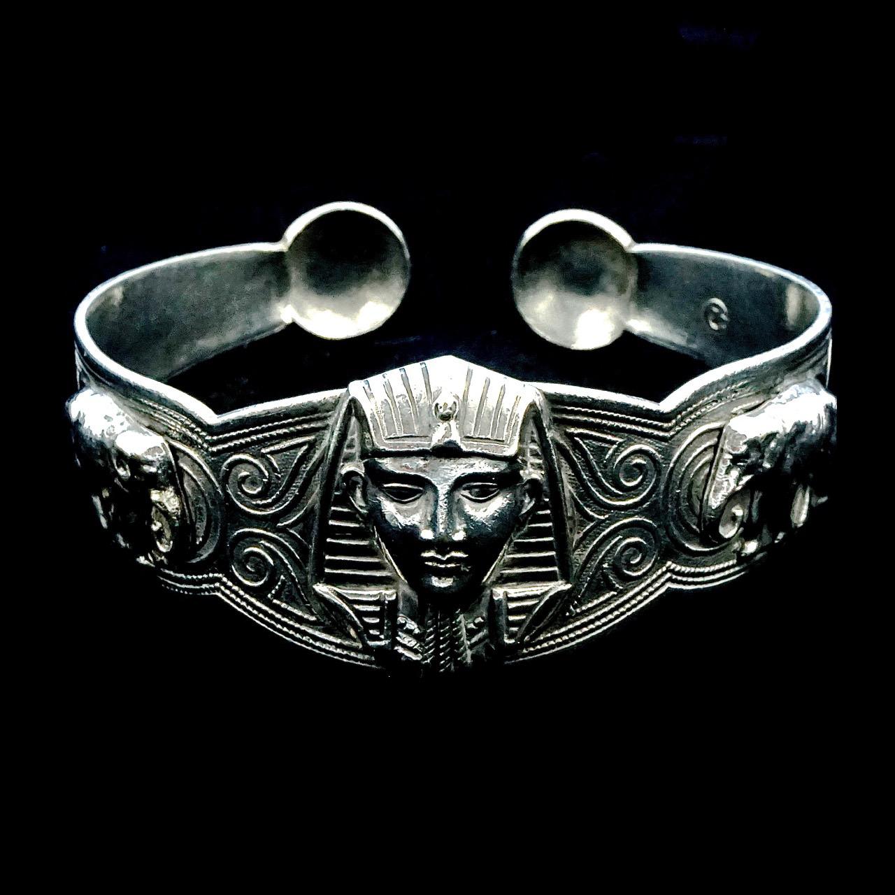 Egyptian Revival Silver Bangle with Pharaoh Head and Elephants  For Sale 2