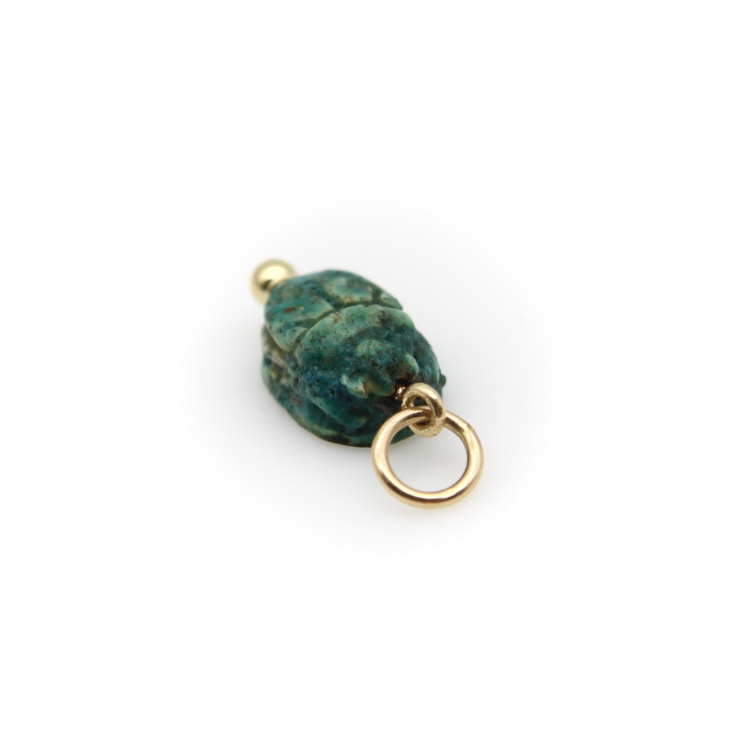 Egyptian Revival Small Turquoise Faience Scarab Pendant with 14K Gold Mount  In Good Condition For Sale In Venice, CA