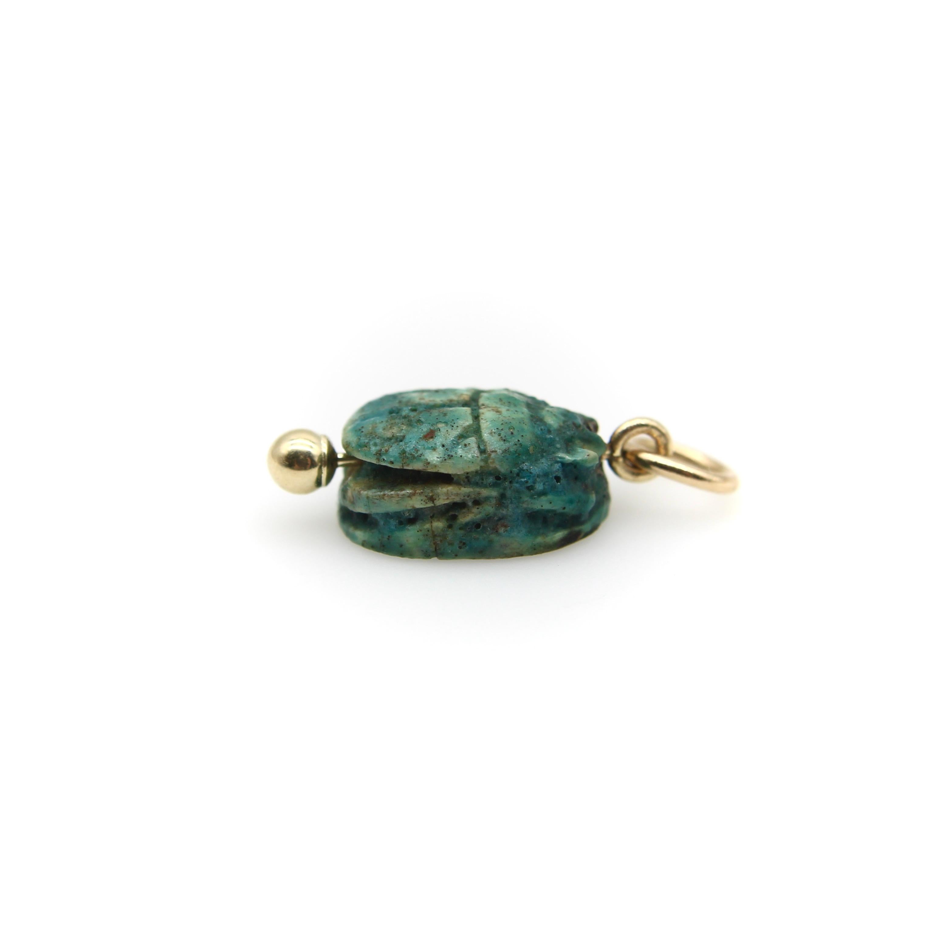 Egyptian Revival Small Turquoise Faience Scarab Pendant with 14K Gold Mount  In Good Condition For Sale In Venice, CA