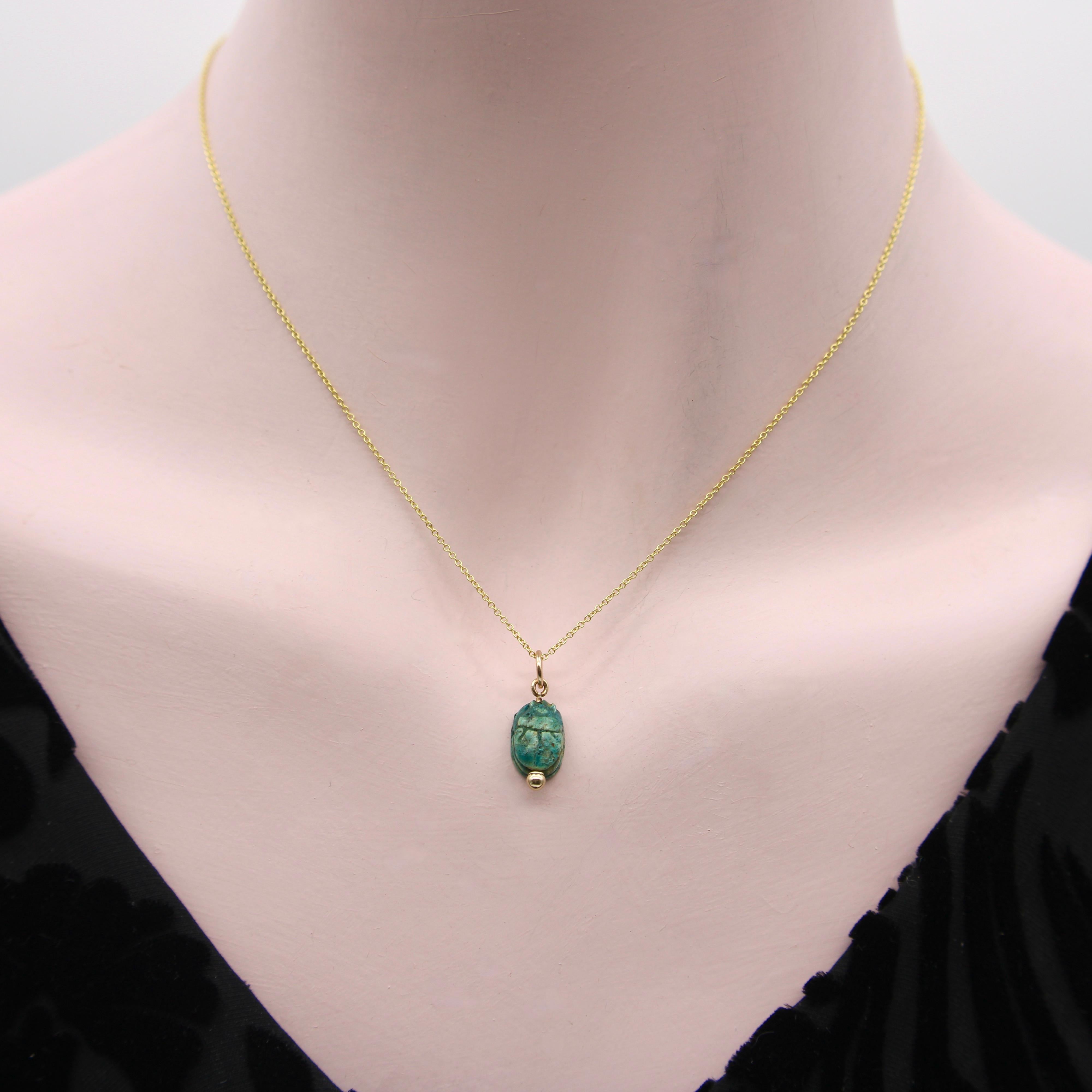 Egyptian Revival Small Turquoise Faience Scarab Pendant with 14K Gold Mount  For Sale 1