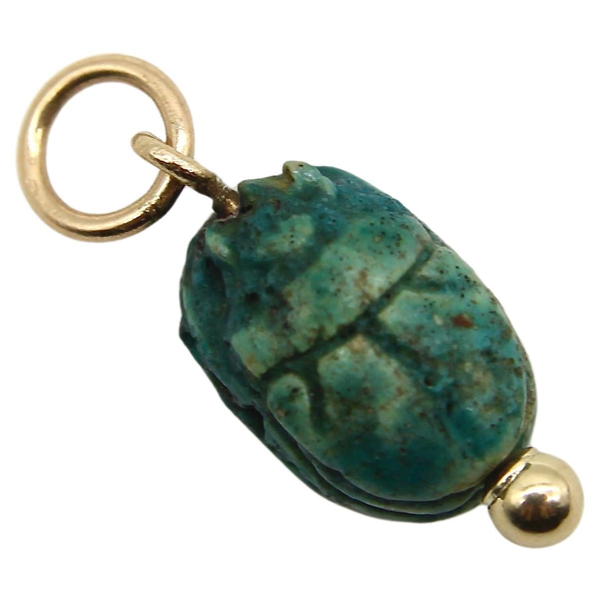 Egyptian Revival Small Turquoise Faience Scarab Pendant with 14K Gold Mount  For Sale