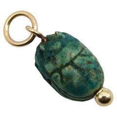 Antique Egyptian Revival Small Turquoise Faience Scarab Pendant with 14K Gold Mount 