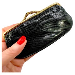 Egyptian Revival Snakeskin Coin Purse w/14K Gold Jeweled Dual Snake Head Closure
