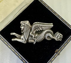 Egyptian Revival Sphinx Brooch Pin Sterling Silver Belle Epoque Human Serpent