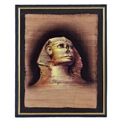 Egyptian Revival Sphinx Painting on Papyrus, Gouache & Gold Leaf, 1996