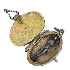 Egyptian Revival Sterling Silver Painted Enamel Locket w/ Gilded Gold Nude Mummy