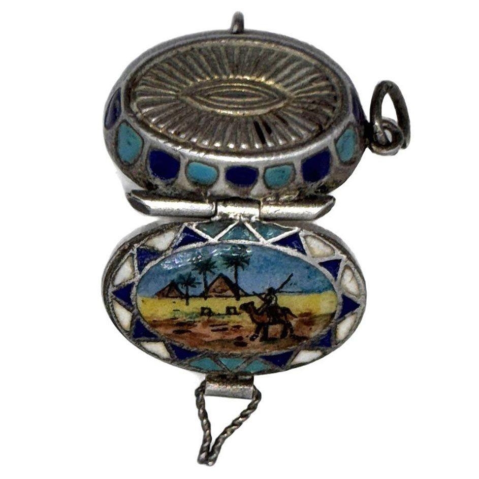 Art Deco Egyptian Revival Sterling Silver Painted Enamel Locket w/ Gilded Gold Nude Mummy For Sale