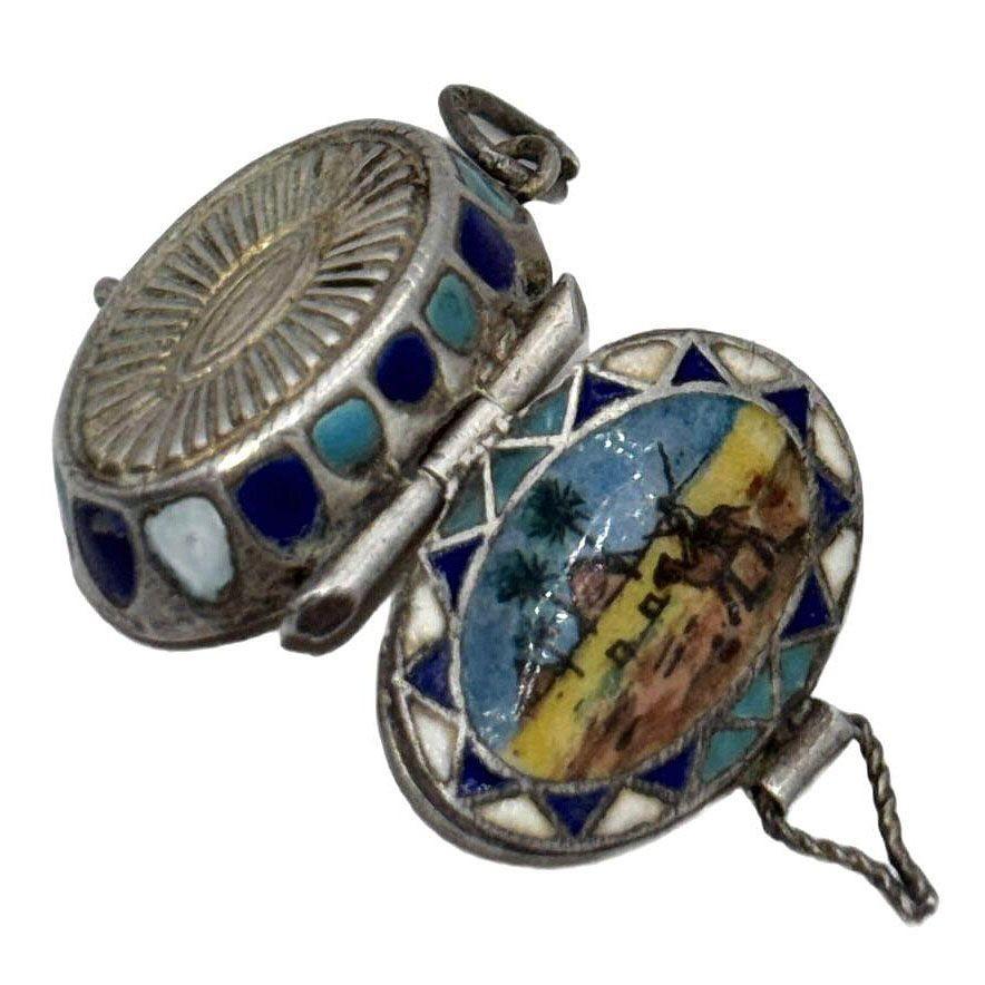 American Egyptian Revival Sterling Silver Painted Enamel Locket w/ Gilded Gold Nude Mummy For Sale
