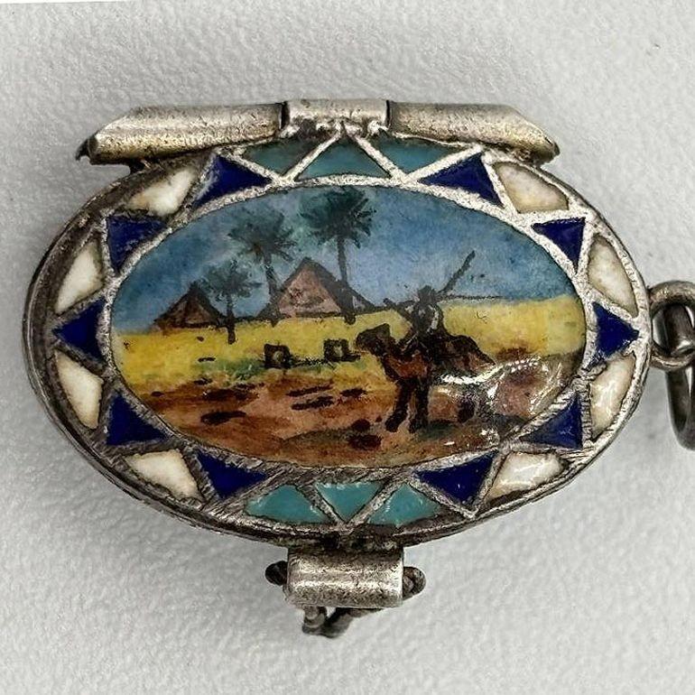 Egyptian Revival Sterling Silver Painted Enamel Locket w/ Gilded Gold Nude Mummy For Sale 1