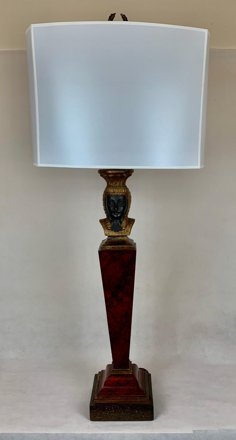 Egyptian Revival Hand Carved Dark Red Wood Lamp with Shade For Sale at 1stDibs