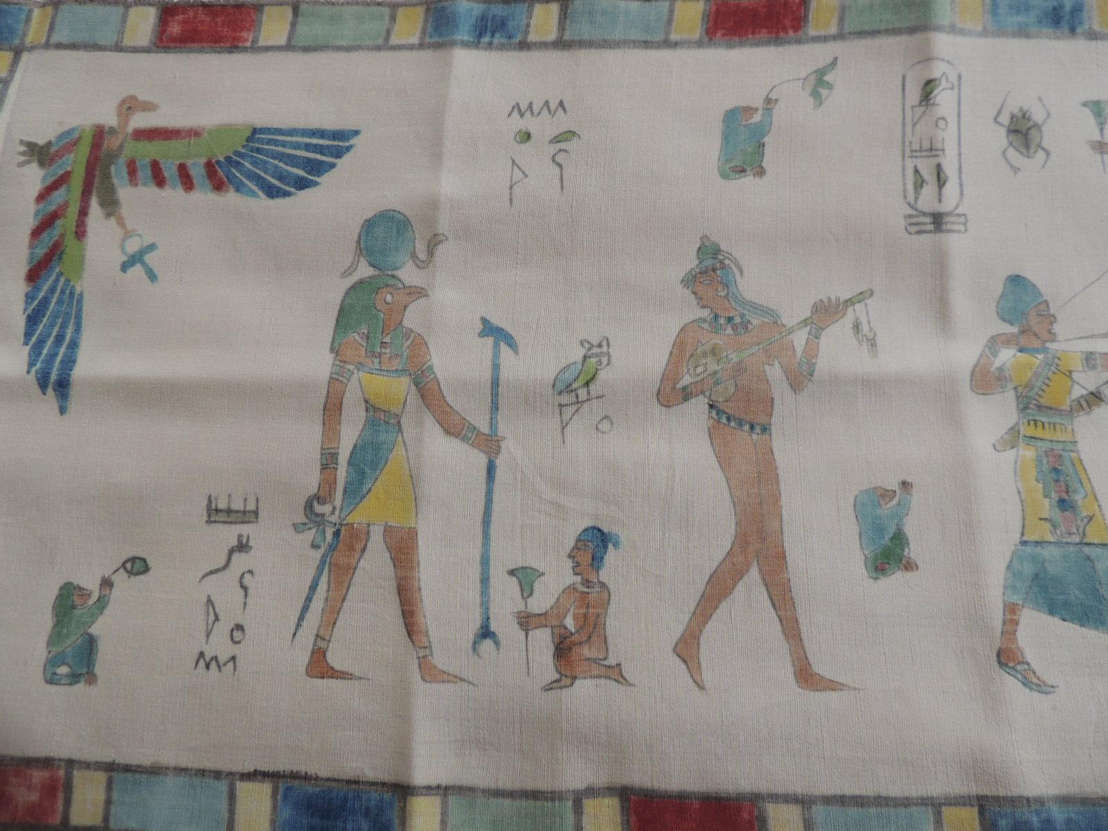 Egyptian revival style hand painted textile.
Colorful painted textile depicting animals and figures. 
With a natural color linen backing.
Ideal for a pillow or to frame.
Sold as is.
Size: 12.5
