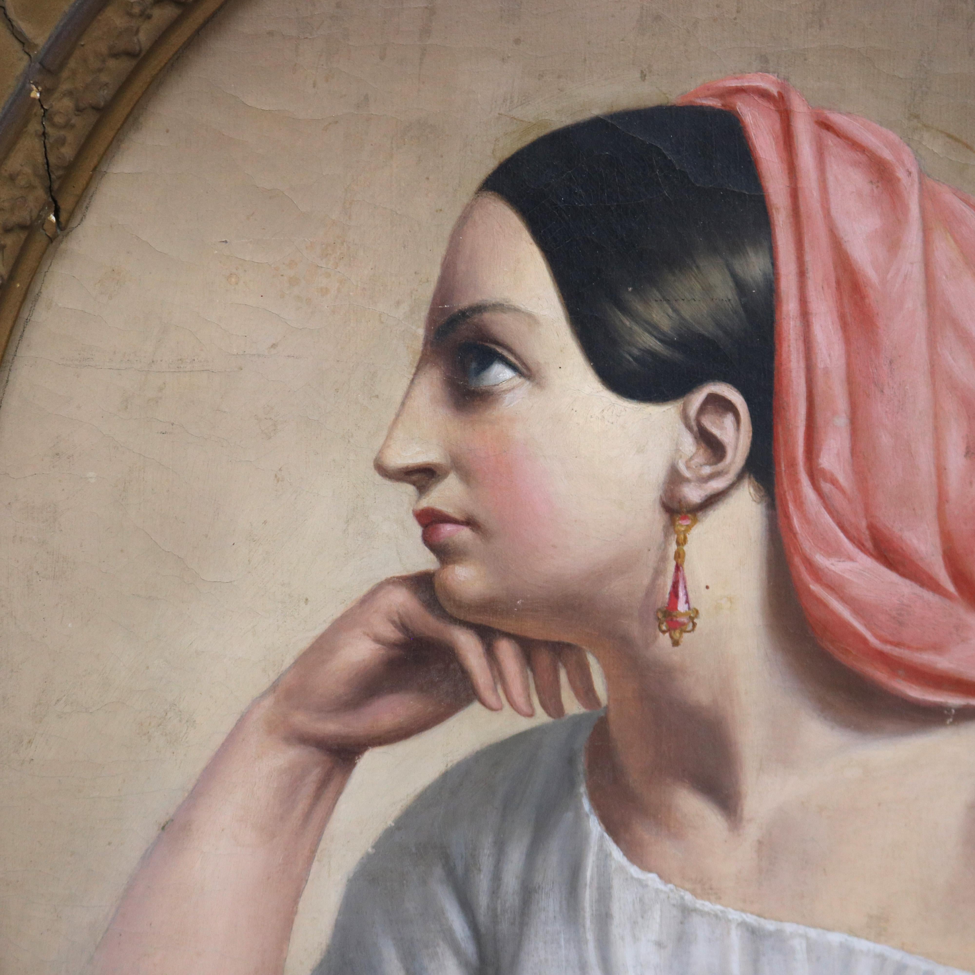 Antique Egyptian Revival Style Oil on Canvas Portrait Painting of a Woman, Framed, C1890

Measures - 23