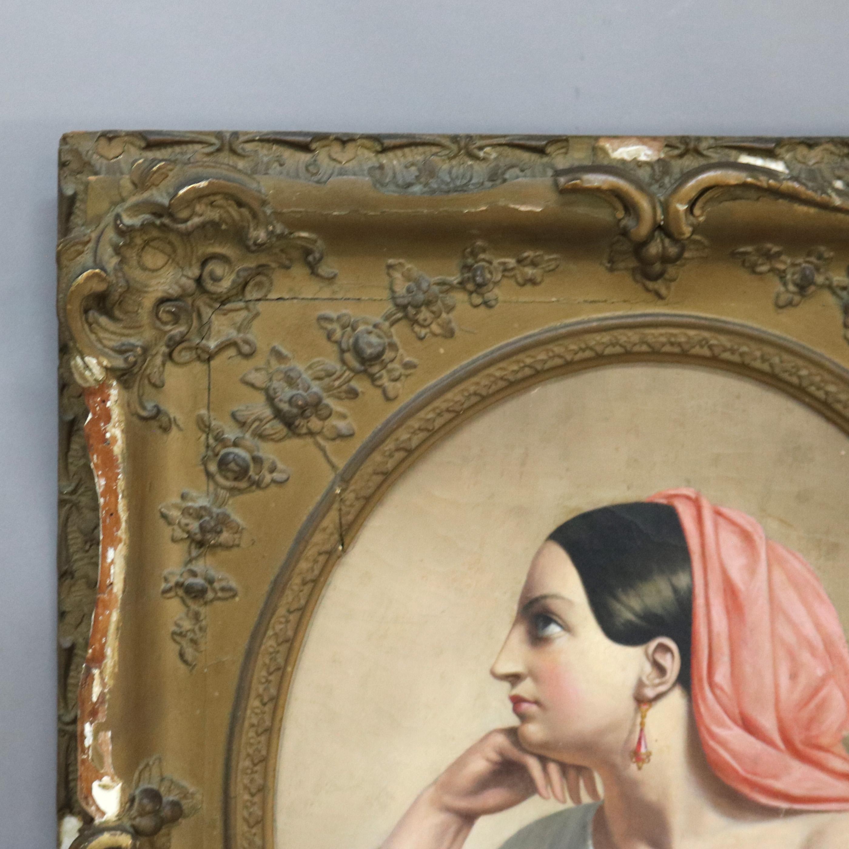 Egyptian Revival Style Oil on Canvas Portrait Painting of a Woman, Framed, C1890 For Sale 1