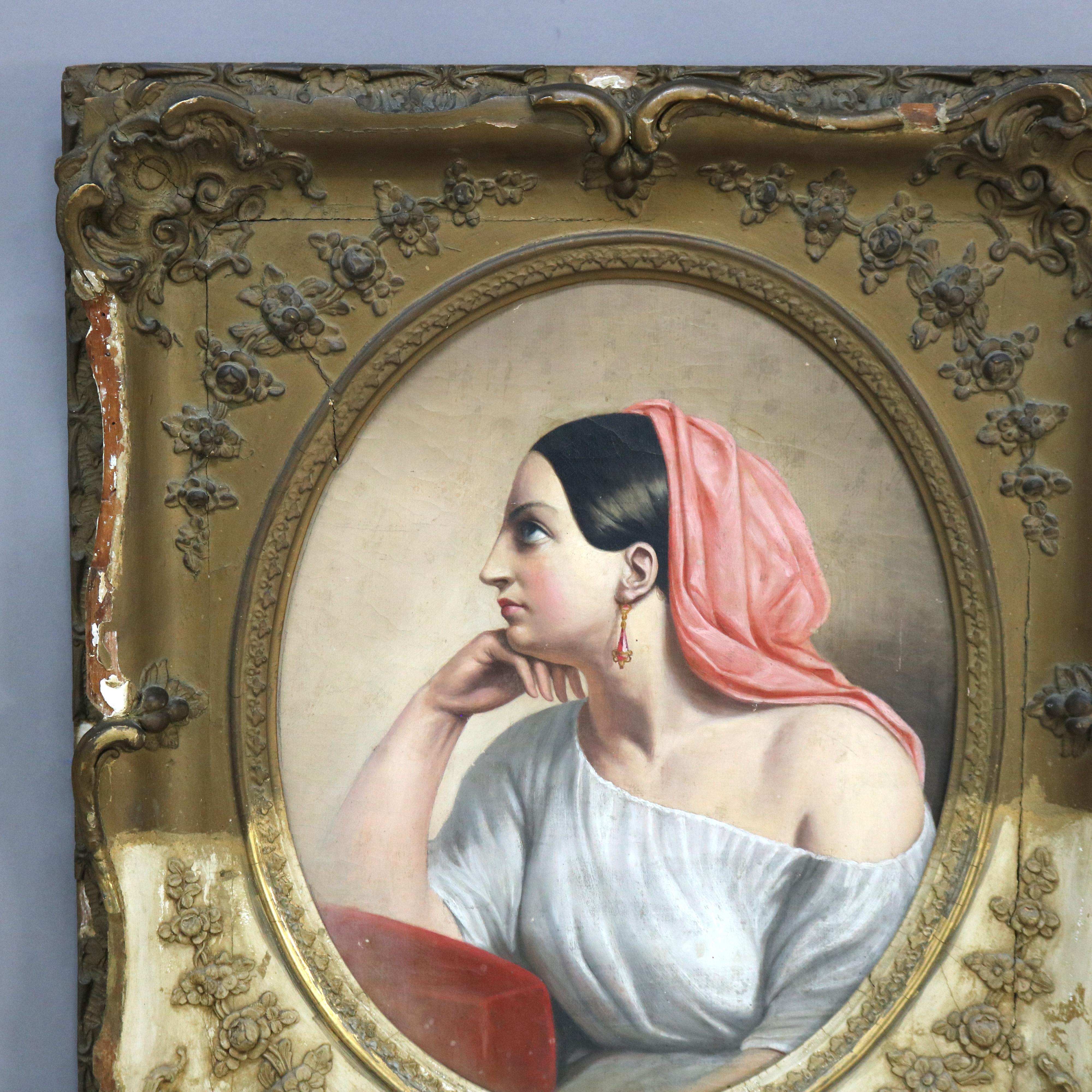 Egyptian Revival Style Oil on Canvas Portrait Painting of a Woman, Framed, C1890 For Sale 2