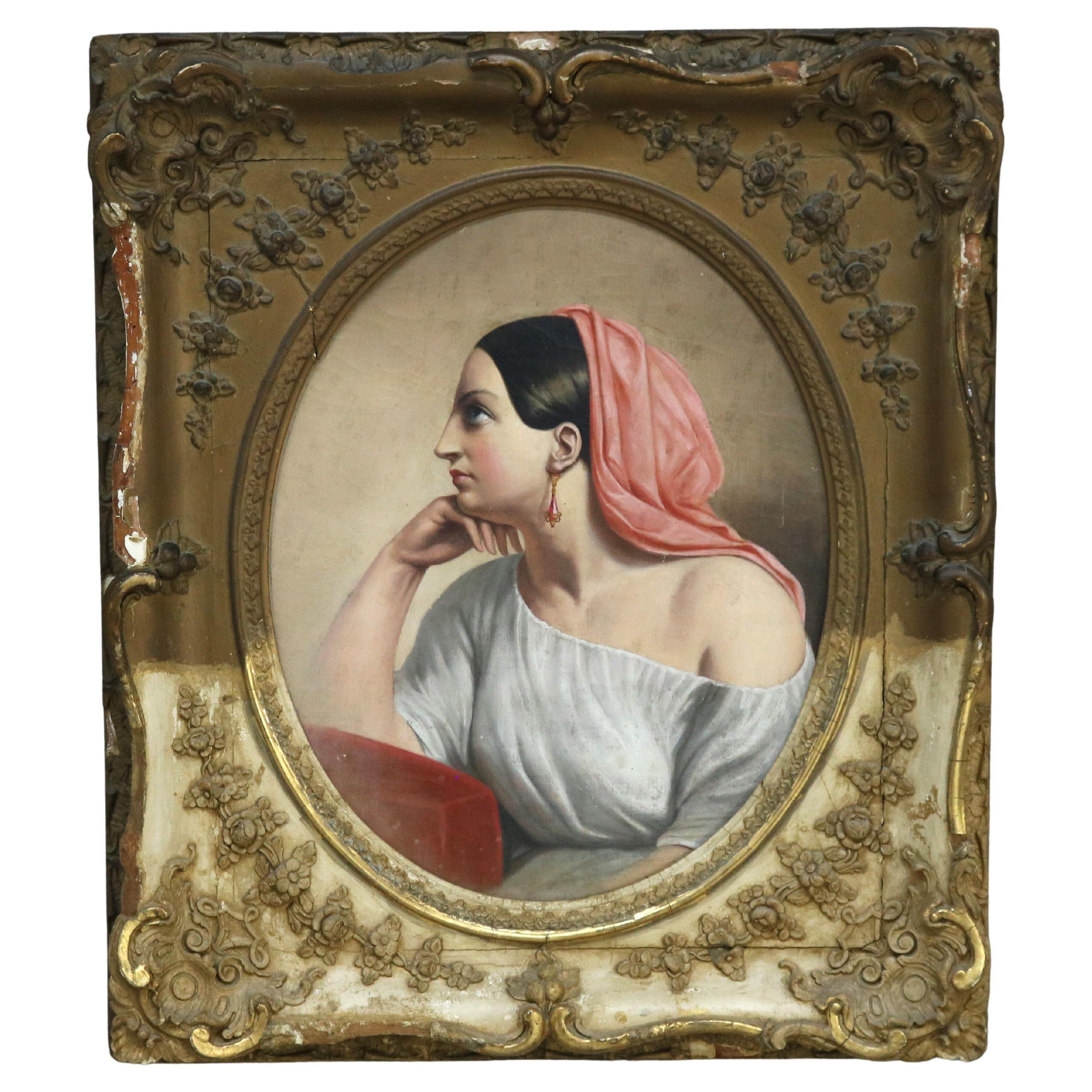 Egyptian Revival Style Oil on Canvas Portrait Painting of a Woman, Framed, C1890